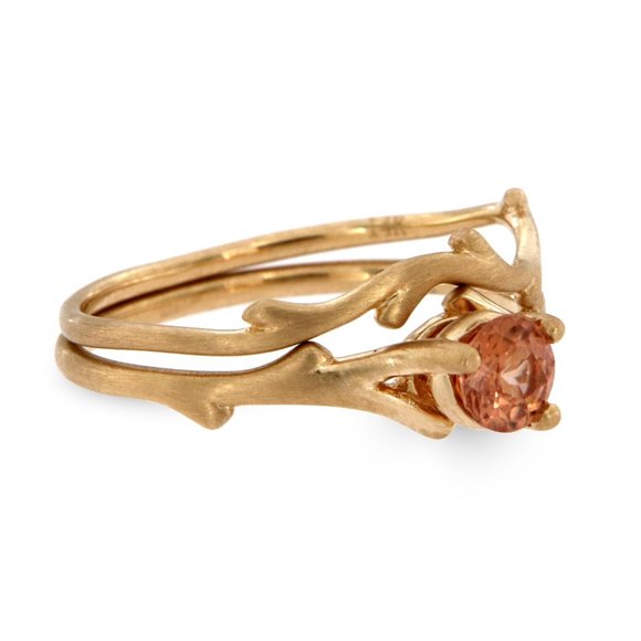 14K Yellow Gold Carnea Round Peach Sapphire Organic Rustic  Round Peach Sapphire Organic Rustic Solitaire Ring